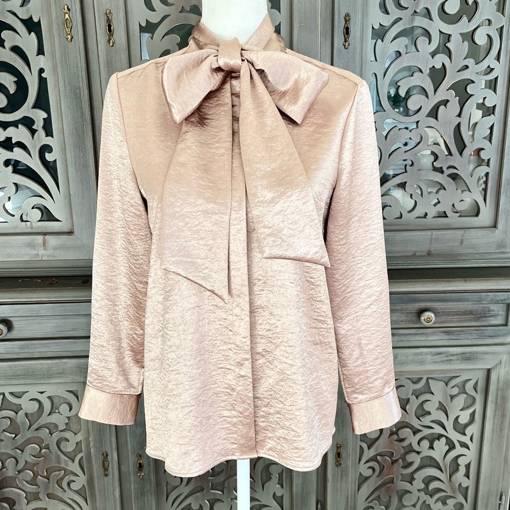 Iris & Ink metallic shell pink button up blouse with tie 2